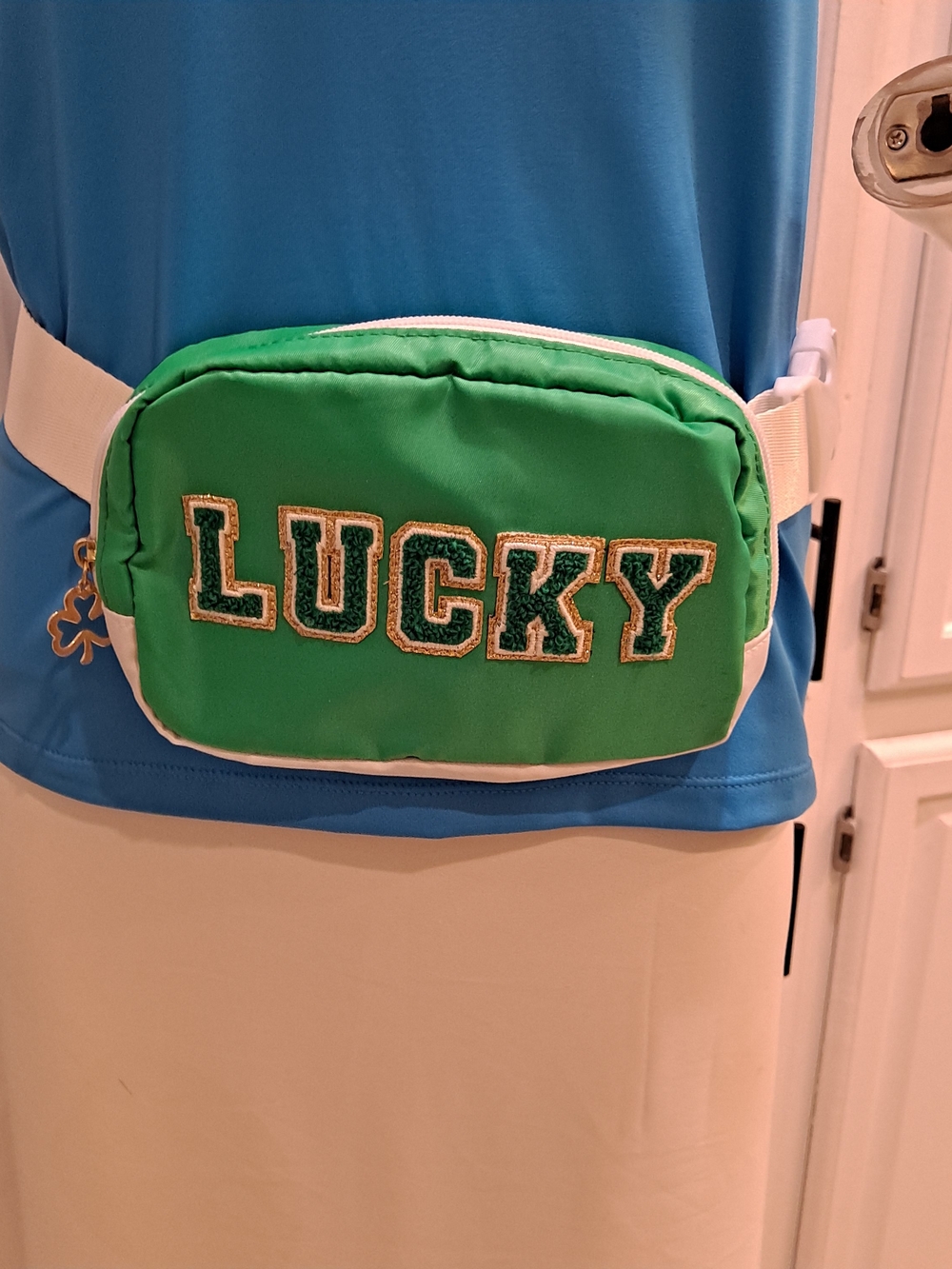 Claire's Green Gold Chenille 'LUCKY' Mini Belt Bag White Trim Shamrock Varsity